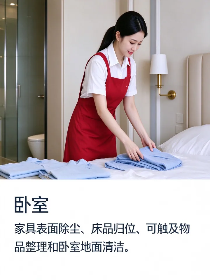 日常保洁：客厅卧室除尘、地面清洁，厨房灶台与卫生间基础清洁