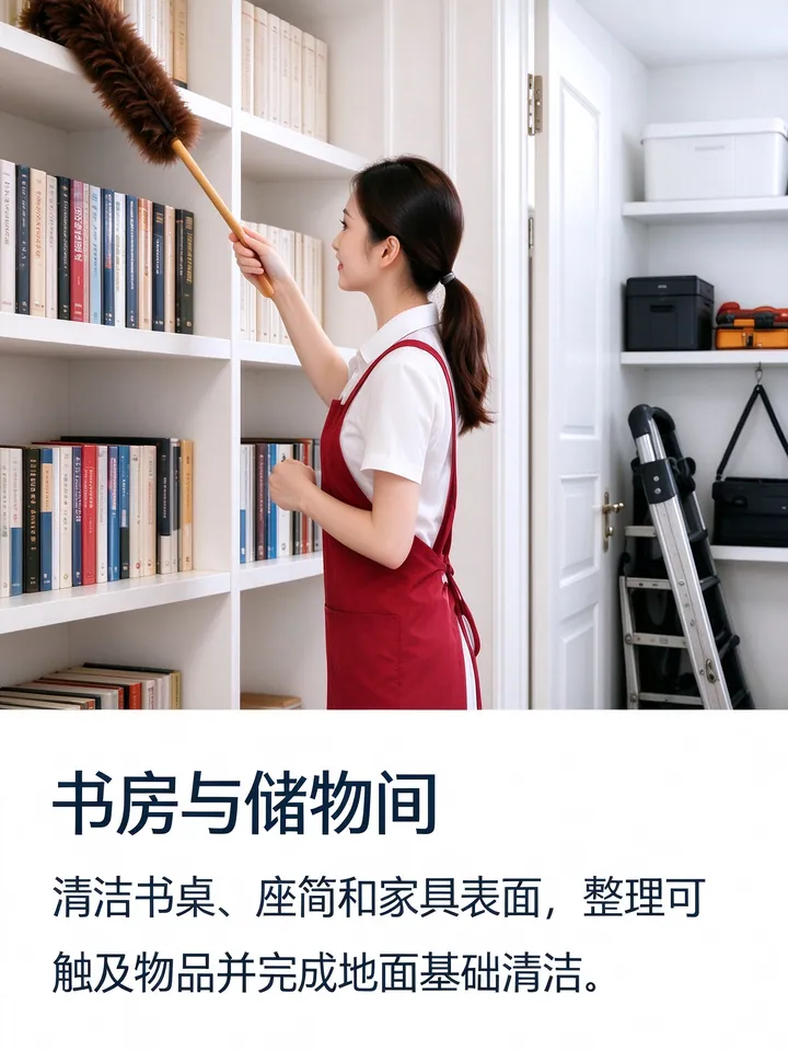 日常保洁：客厅卧室除尘、地面清洁，厨房灶台与卫生间基础清洁
