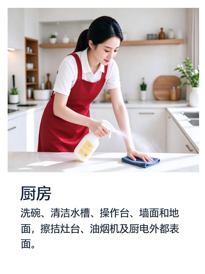 日常保洁：客厅卧室除尘、地面清洁，厨房灶台与卫生间基础清洁
