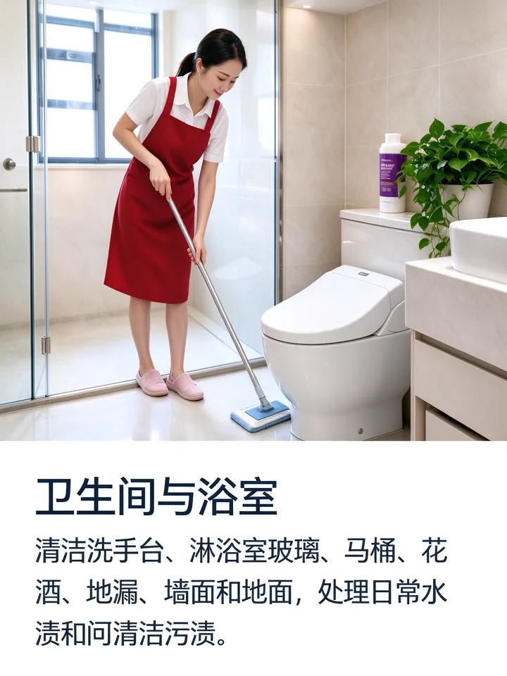 日常保洁：客厅卧室除尘、地面清洁，厨房灶台与卫生间基础清洁
