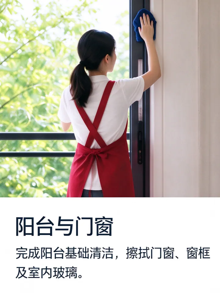 日常保洁：客厅卧室除尘、地面清洁，厨房灶台与卫生间基础清洁