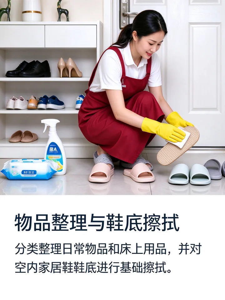 日常保洁：客厅卧室除尘、地面清洁，厨房灶台与卫生间基础清洁