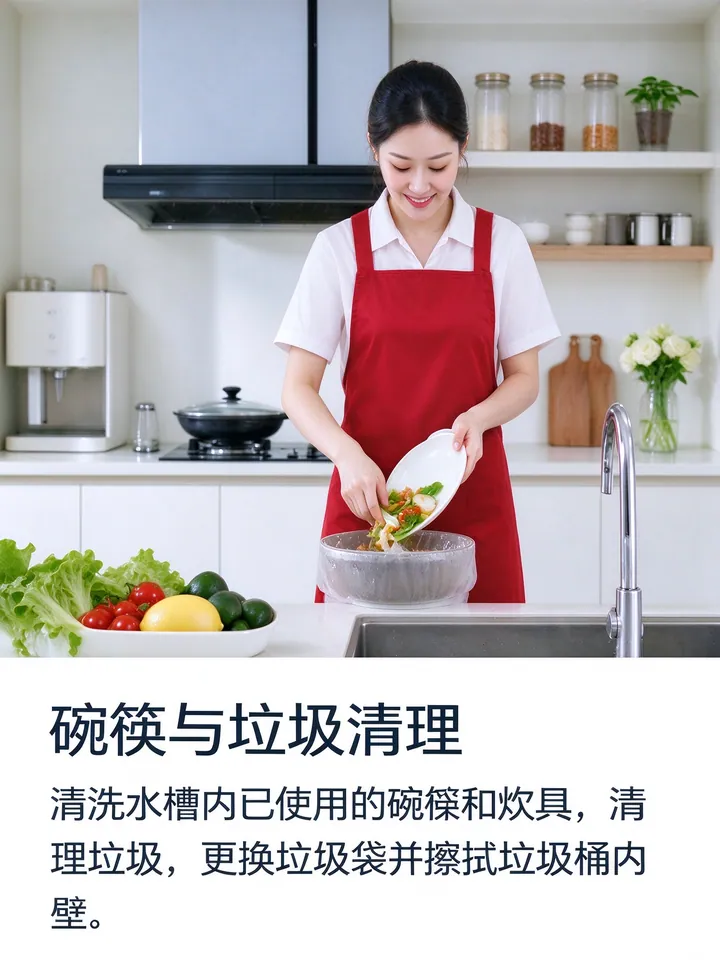 日常保洁：客厅卧室除尘、地面清洁，厨房灶台与卫生间基础清洁