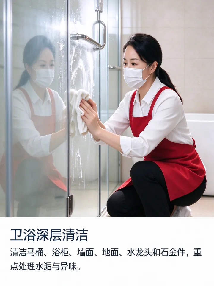 深度保洁：油烟机、浴室水垢、窗户死角清理与全屋深度清洁